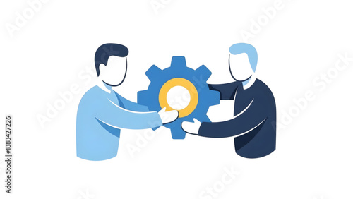 Two Business Partners Holding a Large Gear Symbolizing Teamwork and Solution on Transparent Background – Ideal for Corporate Strategy and Technical Support Articles