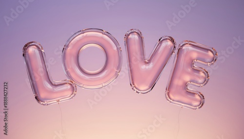 Close-up view of shiny pink love balloon floating against a soft purple sunset background creating a romantic celebratory atmosphere