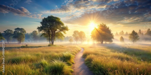 Golden Sunrise Illuminates a Misty Meadow Path, Trees Silhouetted Against a Radiant Sky