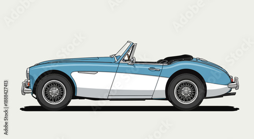 Blue and white vintage convertible car illustration.