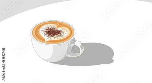 Close up of a coffee cup with latte art in the shape of a heart.