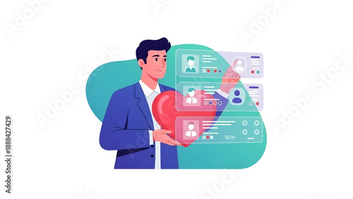 HR Manager Selecting Employee Profiles with Heart Icon on Transparent Background Vector – Perfect for Human Resources, Recruitment, and Company Culture Content