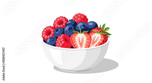 White bowl filled with fresh mixed berries vector illustration isolated on white.