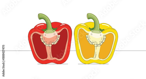 Cross section of red and yellow bell peppers on white background