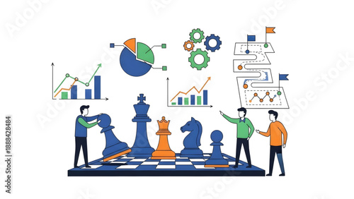 Strategic Business Team Playing Chess with Growth Data Infographics Vector on Transparent Background, Ideal for Management Planning and Corporate Strategy Presentations.