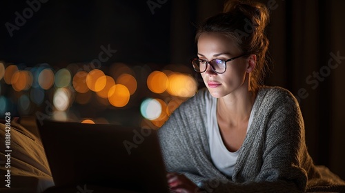 Woman using laptop computer at night bokeh background working from home