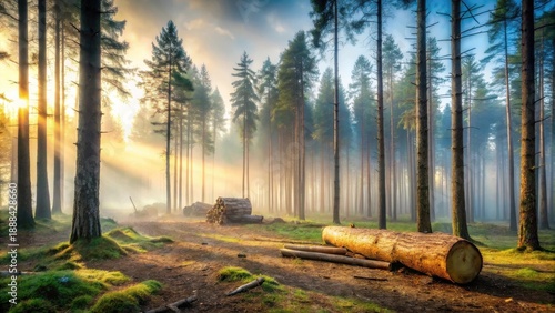 Golden Rays Illuminate Misty Forest Path with Harvested Logs