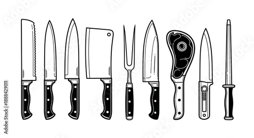Collection of assorted kitchen knives, carving fork, and sharpening steel