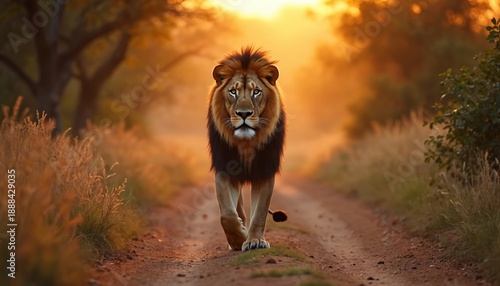 Majestic male lion walks on dirt path in African savannah. Warm golden hour sunset light shines on big cat face. Wild animal safari scene in savanna with trees and dry grass.