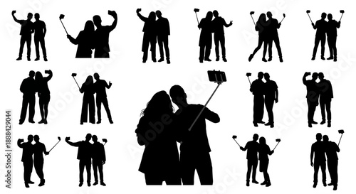 Diverse Collection of Couples and Friends Taking Selfies with Selfie Sticks