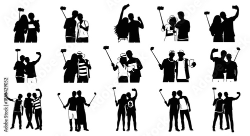 Diverse Group Selfie Vector Illustrations Set: Friends and Couples Capturing Memories Together