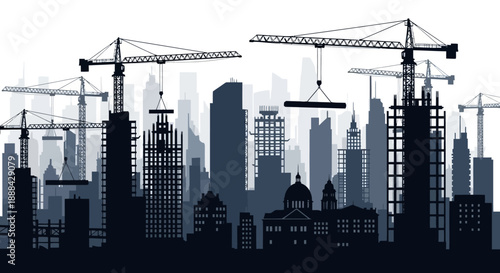 Cityscape Construction Scene with Cranes and Skyscrapers Under Development