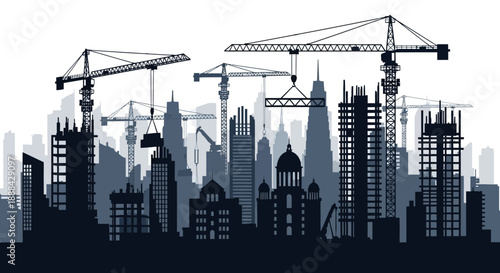 Cityscape Construction Site with Cranes Building Skyscrapers Silhouette Background