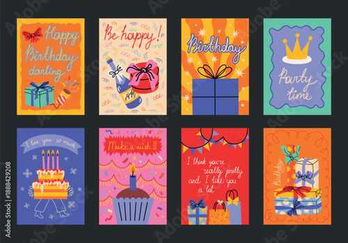 Colorful cartoon birthday posters. Cute party decor, gift boxes, cakes, candles, balloons. Parties, gifts, greetings, happy holiday postcards. Wall banners for Birthdays, events, party decoration.