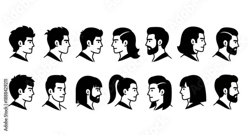 Collection of Diverse Human Profile Silhouettes with Various Hairstyles