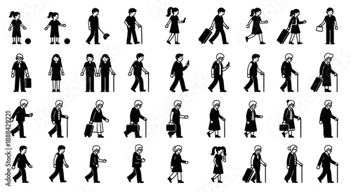 Diverse Group of People of All Ages Walking and Standing, Silhouette Collection