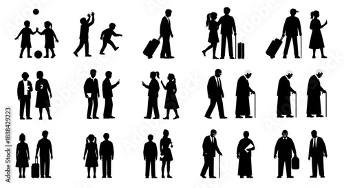 Diverse Silhouette Collection of People, Families, and Travelers on White Background