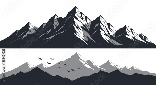 Majestic Mountain Peaks Silhouette with Birds Flying in a Stylized Landscape