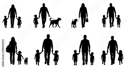 Diverse Family Silhouettes with Children and Pets Walking Together