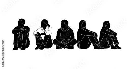 Diverse Group of People Silhouettes Sitting Together in Minimalist Style