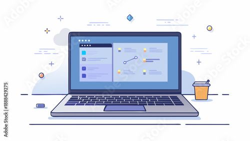 Minimal laptop illustration with abstract interface elements, modern developer workspace, clean desk setup, soft daylight, professional technology atmosphere.
