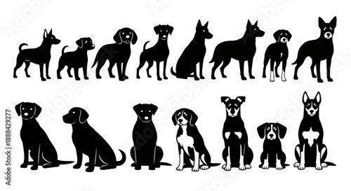 Collection of Diverse Dog Breed Silhouettes, Vector Graphics of Various Pups