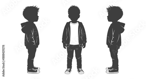 Silhouettes of a Young Boy in Hoodie and Jeans from Different Angles