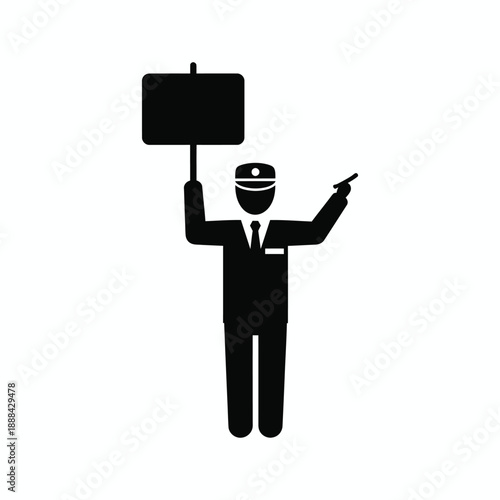 Uniformed service professional holding a blank sign and pointing, ready to assist