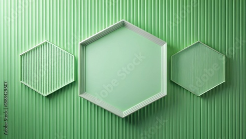 Abstract pastel green geometric shapes on a ribbed background with a large central hexagon