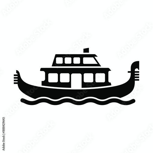 Traditional houseboat with a cabin navigating calm waters, featuring classic design elements