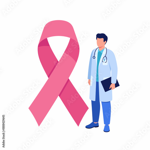 Doctor with pink ribbon for breast cancer awareness.