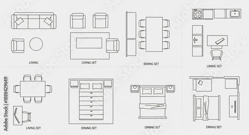 Architectural floor plan designs for various rooms and furniture layouts.