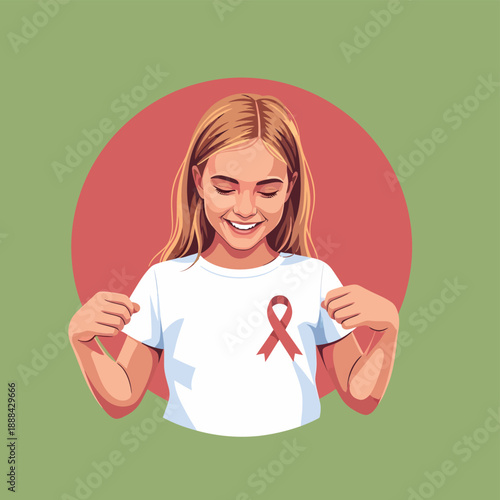 Young Girl with Red Ribbon Symbolizing Awareness and Support.