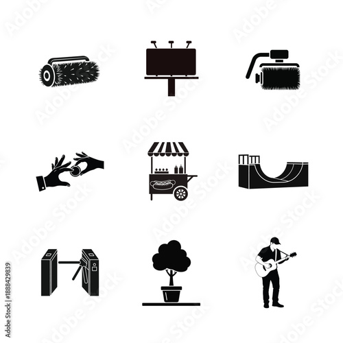 Black and white icon set featuring various daily life objects, activities, and urban elements