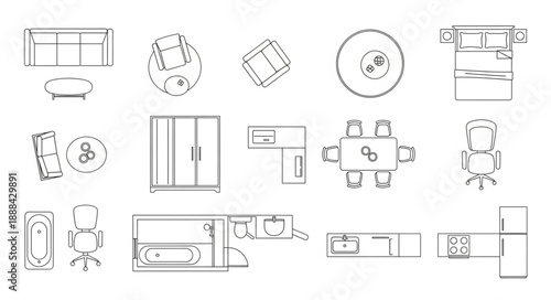 Architectural drawings of furniture and bathroom fixtures.