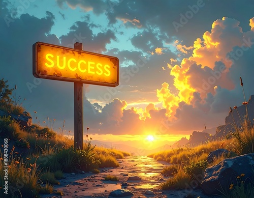 A serene landscape with a glowing signpost reading success