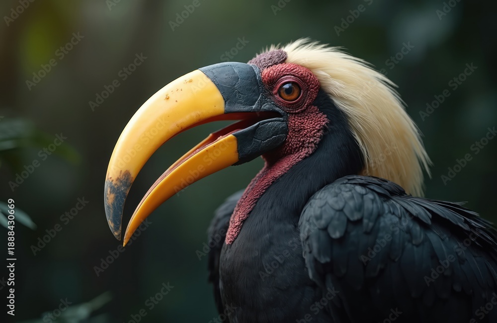 Fototapeta premium Male wreathed hornbill bird with large yellow beak and dark plumage. Exotic fauna profile view with red neck and blond crest. Ornithology wild animal.