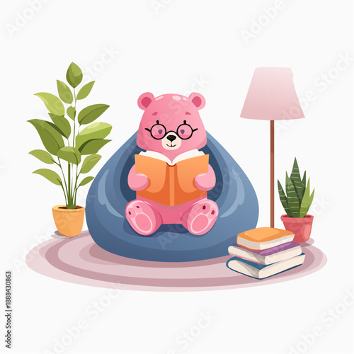 Cute pink bear cartoon reading a book comfortably, relaxing character illustration perfect for education, cozy lifestyle, and children’s content design.
