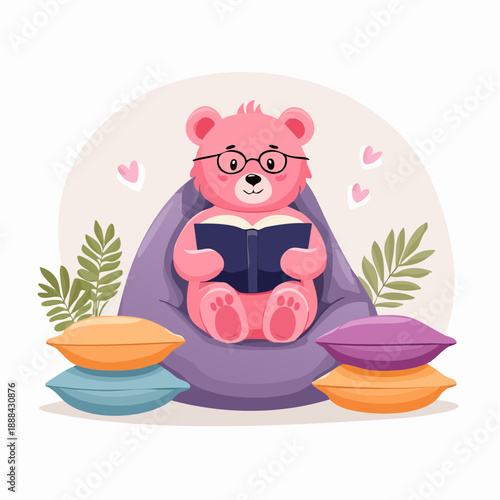 Cute pink bear cartoon reading a book comfortably, relaxing character illustration perfect for education, cozy lifestyle, and children’s content design.