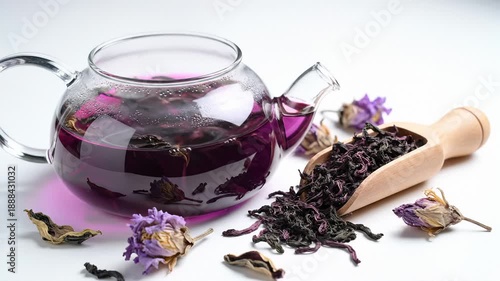 Brewing Purple Herbal Tea in Glass Teapot With Dried Flower Petals