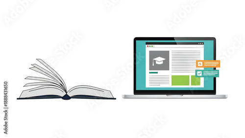 Online Education Concept with Open Book and Laptop Vector on Transparent Background, Ideal for E-learning, Webinars, and Digital Library Websites.
