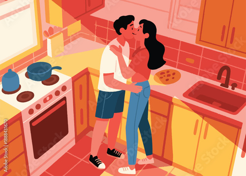 A Couple Kissing in the Kitchen Illustrator Artwork Creative Design Template 