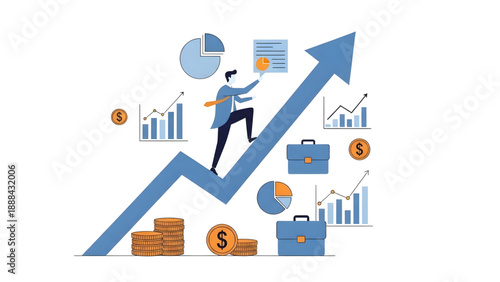 Businessman Climbing Financial Growth Arrow with Data Charts Vector on Transparent Background, Ideal for Investment Strategy and Success Performance Reports.