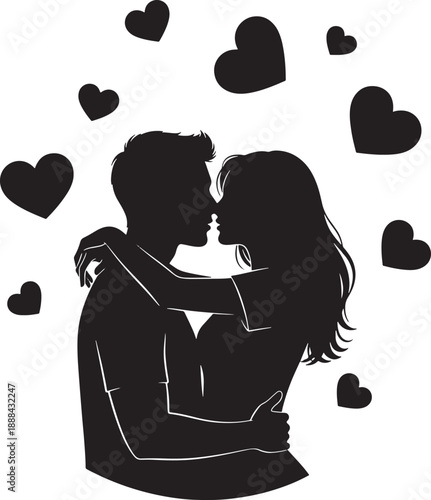 Black silhouette of a couple kissing with hearts around them