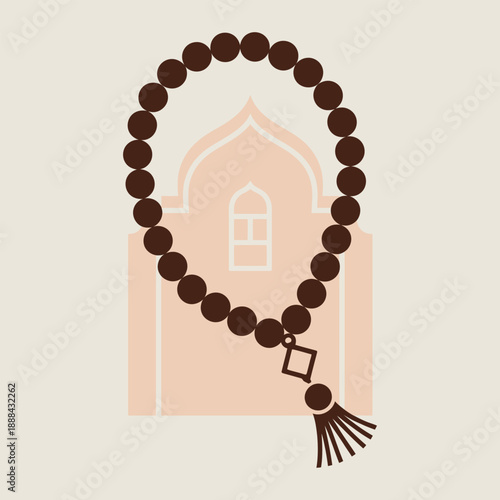 Prayer beads with tassel and mosque silhouette in the background representing spirituality and faith