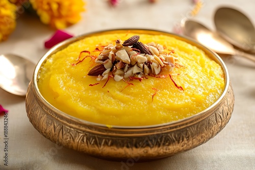 Indian sheera halwa dessert with saffron and nuts high resolution image