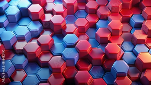 Abstract Hexagonal Pattern Interlocking Red and Blue Geometric Shapes Forming a Dynamic, Three-Dimensional Surface