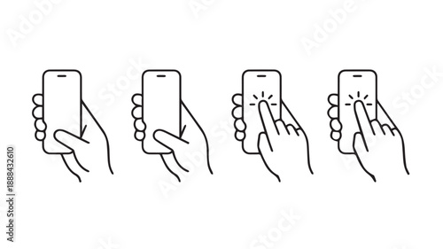 Collection of simple outline vector illustrations showing hands holding and tapping a smartphone, demonstrating mobile device usage, screen interaction, and digital gestures