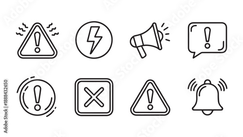 Collection of icons representing alerts, warnings, and notifications in a simple line art style