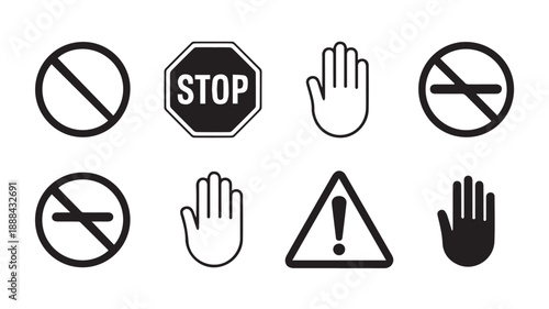 Collection of warning and prohibition icons stop, hand, and alert symbols in black and white